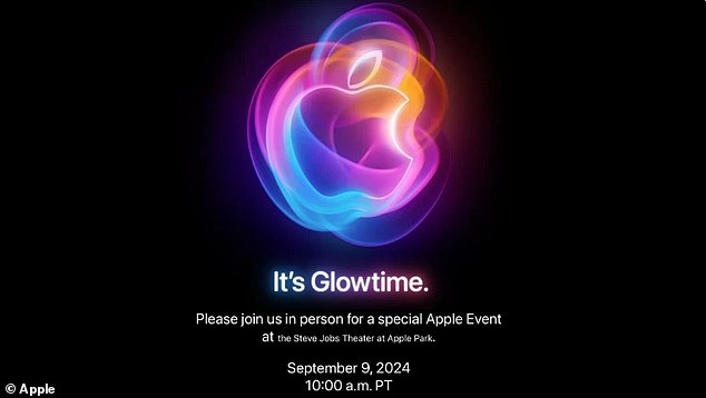 Apple's invite includes the classic Apple logo with a redesigned twist. An animation on its website sees the logo swirl between hues of blue, purple, orange, and pink, seemingly in reference to the 'It's Glowtime' tagline