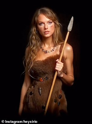 The video begins with Swift as a cavewoman in the year 20,000 BC