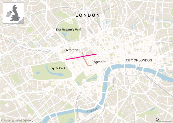 Map showing the location of Oxford Street in London