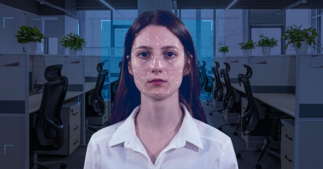 Stylished image showing office worker with face being scanned 