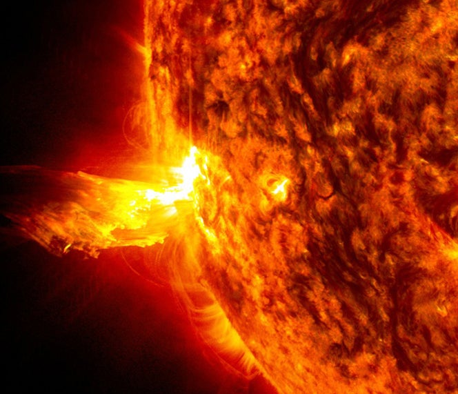 Material rises from the edge of the sun, in this extreme ultraviolet light image taken by NASA’s Solar Dynamics Observatory. Solar activity increases in its maximum periods during the sun’s 11-year-long cycles