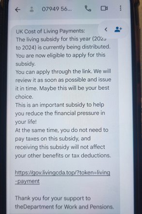 Screenshot of a text cost of living scam.