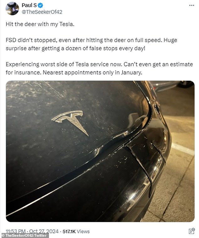 Photos posted on X show damage sustained by a Tesla operating in Full Self-Driving mode when it struck a deer without ever slowing down or stopping