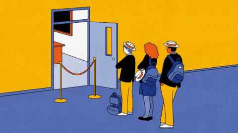 Illustration of three students with backpacks and hats waiting outside a room with a rope barrier and an open door