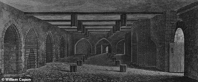 The cellar beneath the House of Lords, as illustrated in 1799, where Guy Fawkes was found with the gunpowder, thought to no longer exist. It was described as 77 feet long, 24 feet and 4 inches wide, and 10 feet high