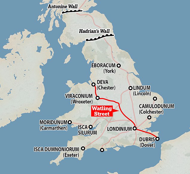 The Roman road known as Watling Street ran from Dover, through London and up to the Roman city of Viroconium (now Wroxeter near Shrewsbury) to the fort of Deva (now Chester)