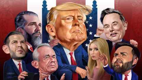 Portrait of Donald Trump, Elon Musk, JD Vance, Ivanka Trump, Robert F Kennedy Jr, Eric Trump and Donald Trump Jr