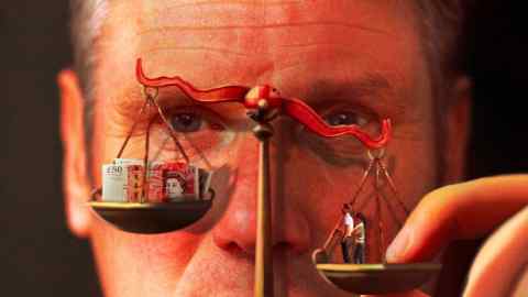 Ewan White illustration of Keir Starmer weighing up the scales of justice, with money on the left side and people on the right