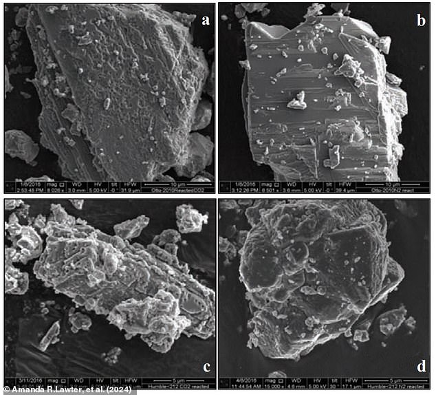 When CO2 leaks into the water it creates acid which rapidly dissolves surrounding minerals. In pictures 'a' and 'c' you can see the pits formed in mineral samples after being exposed to CO2. This process can lead to lead, arsenic, and even uranium leaking into the water