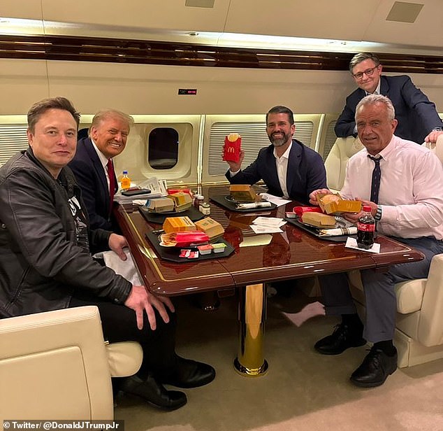 Donald Trump, Elon Musk, Donald Trump Jr, and RFK Jr are seen posing with McDonald's meals onboard Trump Force One as Speaker Mike Johnson smiles behind them