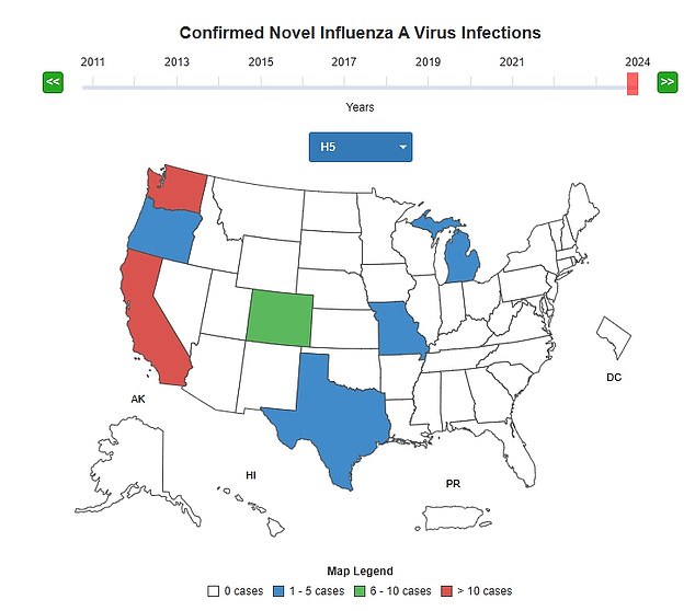 The above map shows bird flu cases by state in the US that have been recorded this year. The cases are among people