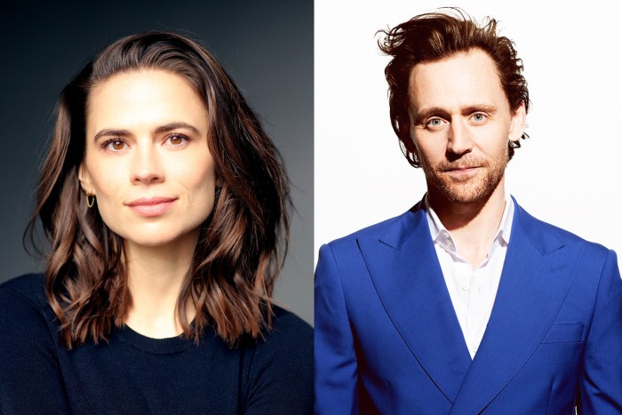 Two headshots of the actors, one of Atwell, who has long brown hair, the other of HIddleston, who has short brown hair and a beard. She is wearing a black top, he is wearing a bright blue jacket