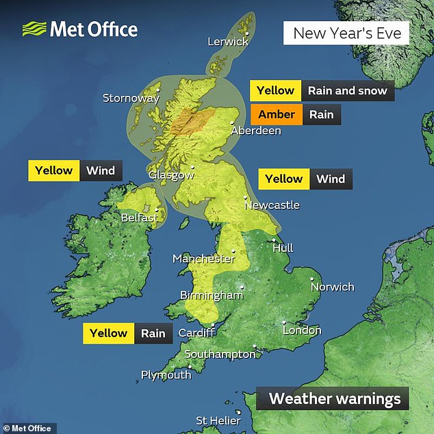 The Met Office forecasts heavy rain and strong winds in parts of Scotland, Northern Ireland and northern England, plus some snow in parts of Scotland