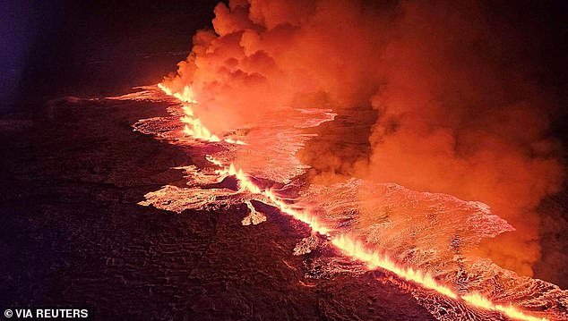 This time last year, a volcano on Iceland's Reykjanes peninsula erupted opening a 2.5-mile-long fissure which spewed hundreds of cubic meters of lava every second (above). Earth has a one-in-six chance of an even more massive volcanic eruption this century, scientists warn