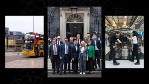 Montage of England’s regional mayors in Downing Street, a bus in Sheffield and two young people at work