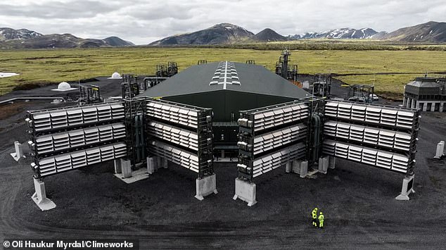 Carbon Capture projects use huge metal 'air scrubbers' to pull CO2 out of the surrounding air so that it can be safely removed from the environment. Pictured: The Mammoth carbon capture facility in Switzerland