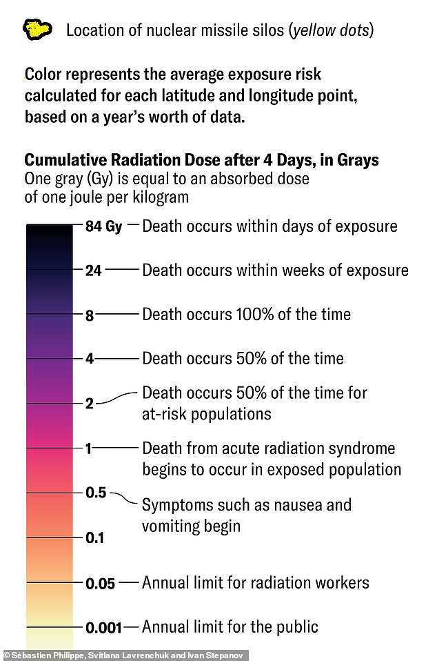 Those living in states like Florida, southern Georgia and California would likely only be hit with .001 of radiation which is the annual limit for the public