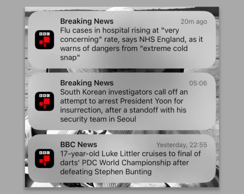 A screenshot of the three original notifications from the BBC News app, with the original headlines for each news story visible.