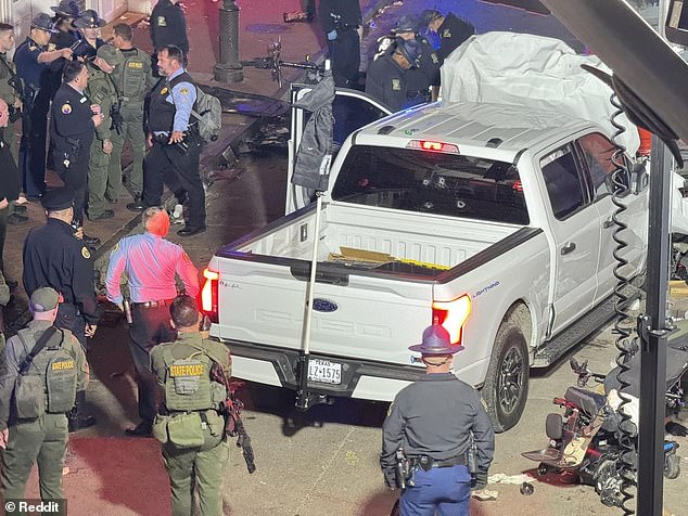 Above, investigators swarm Jabbar's truck in New Orleans after he plowed into pedestrians celebrating the New Year. His attack killed at least 14 people and injuring dozens more